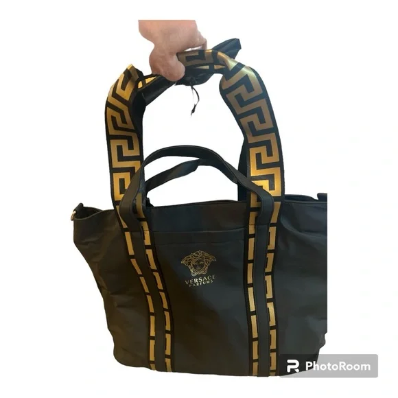 Versace Parfums Tote Medusa Logo Soft Vinyl Black and Gold NWT - Picture 4 of 8